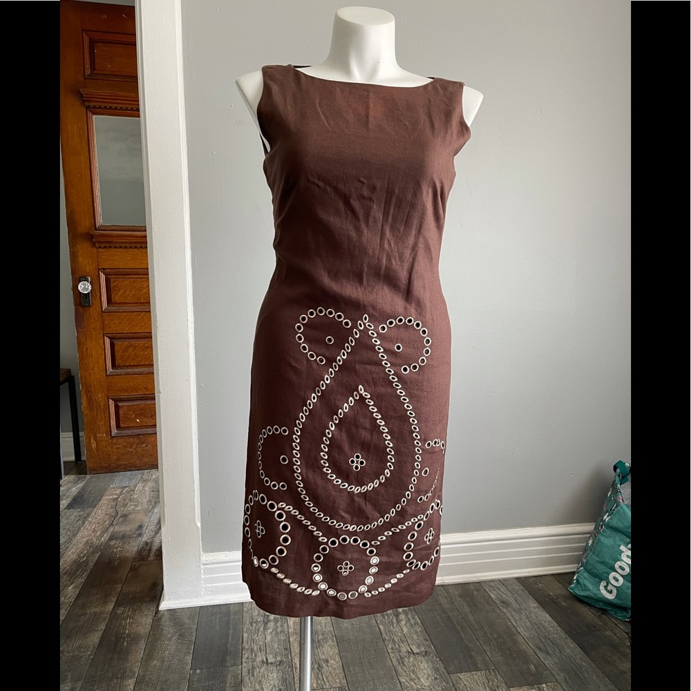 Elegant Brown Midi Dress with Embroidered Details